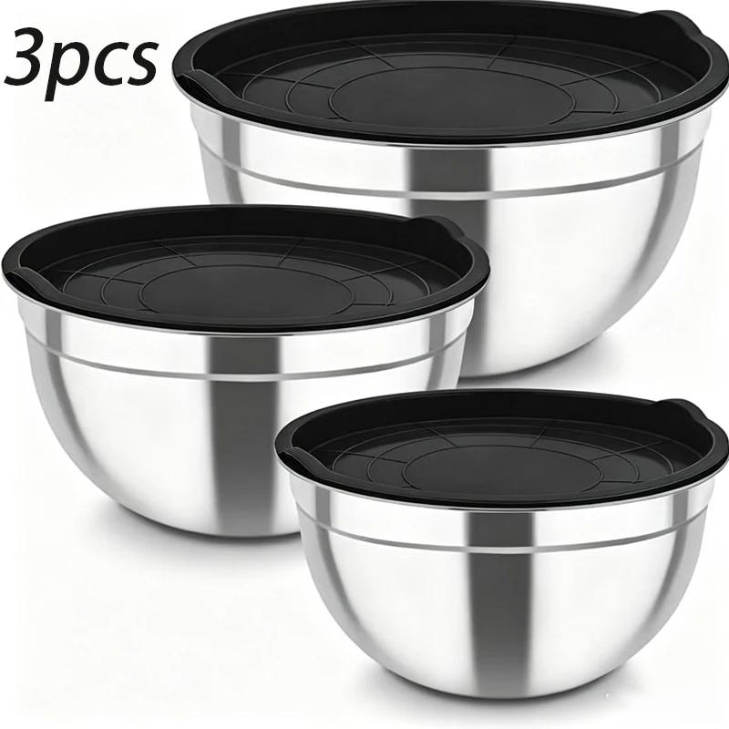 3 Stainless Steel Mixing Bowl with Lid, Nested Metal Salad Bowl and Food Storage Bowl, Used for baking, Cooking and Serving
