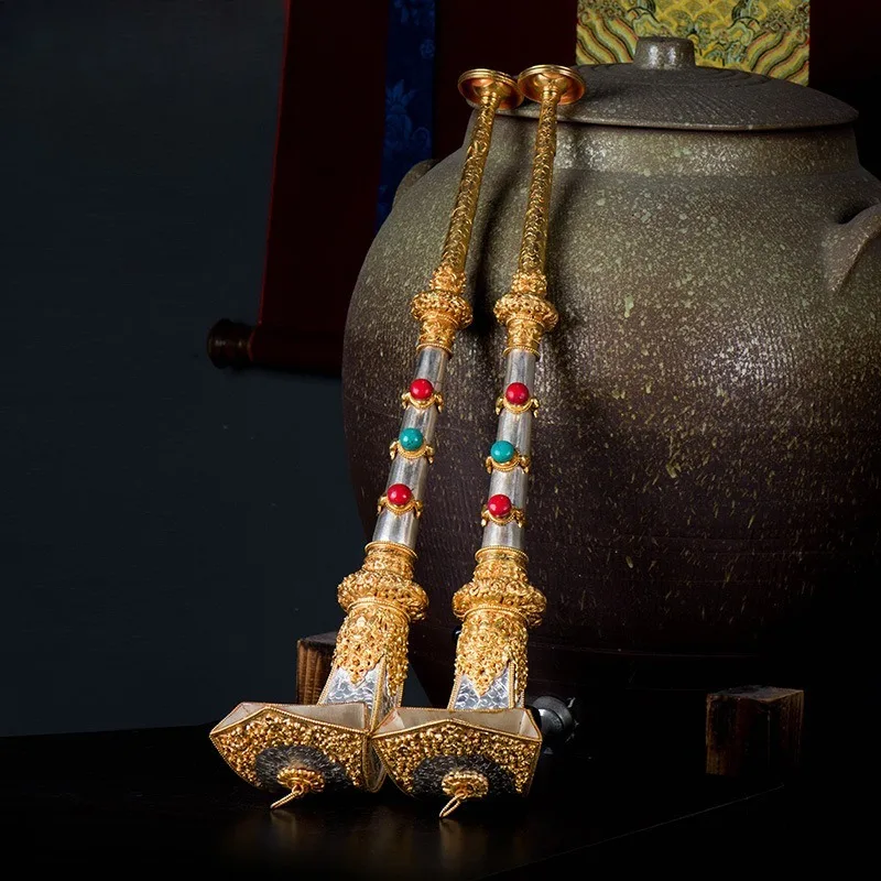 Tuanqin Buddhist Supplies Home Ornament Nepalese Copper Plated Carved Suona Speaker Pair