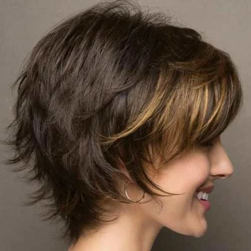 

European American fashion women's short wig with bangs highlights, lightweight and comfortable full headpiece, straight