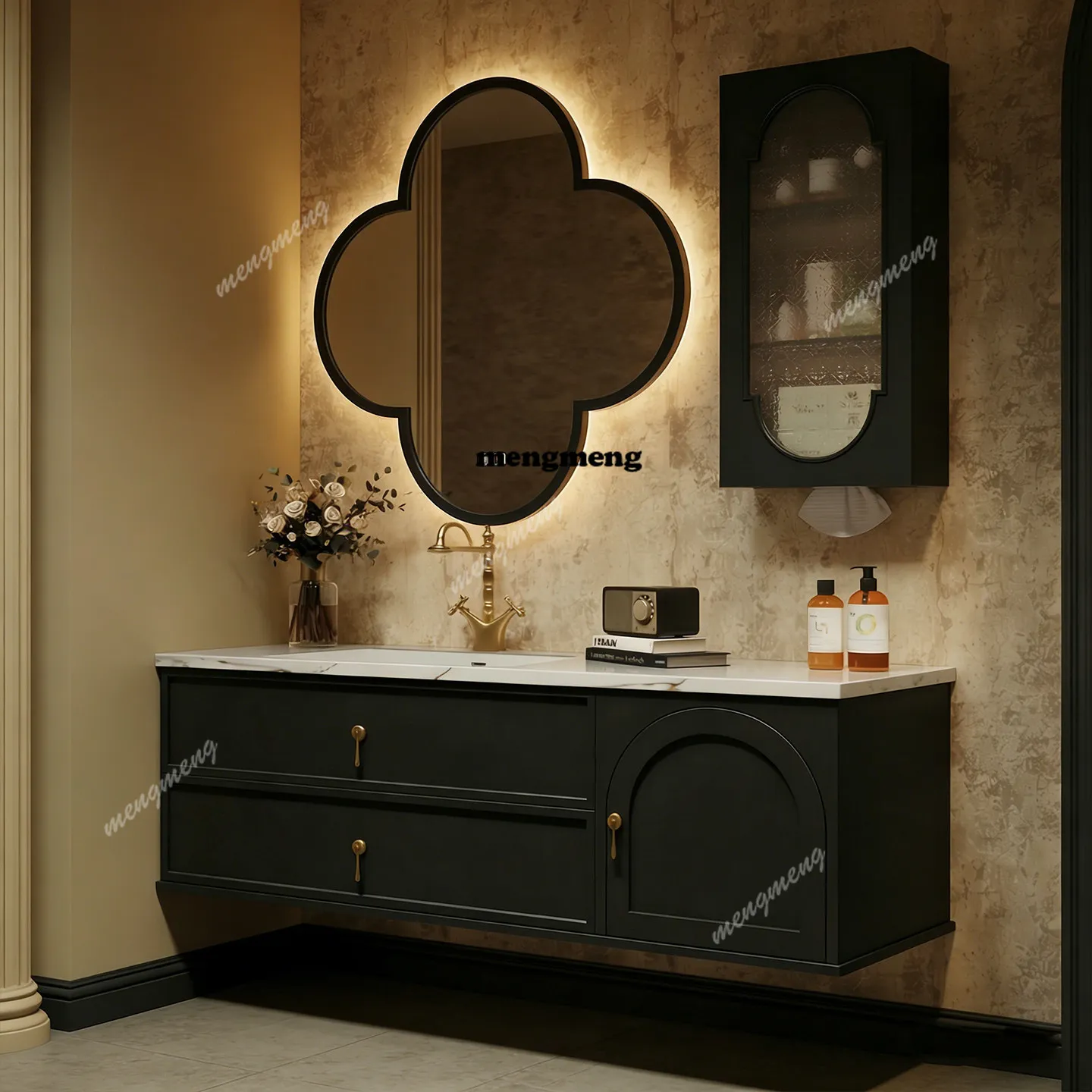 

Oak French Retro Bathroom Cabinet Combination Bathroom Smart Plum Blossom Mirror Washstand Washbasin Cabinet