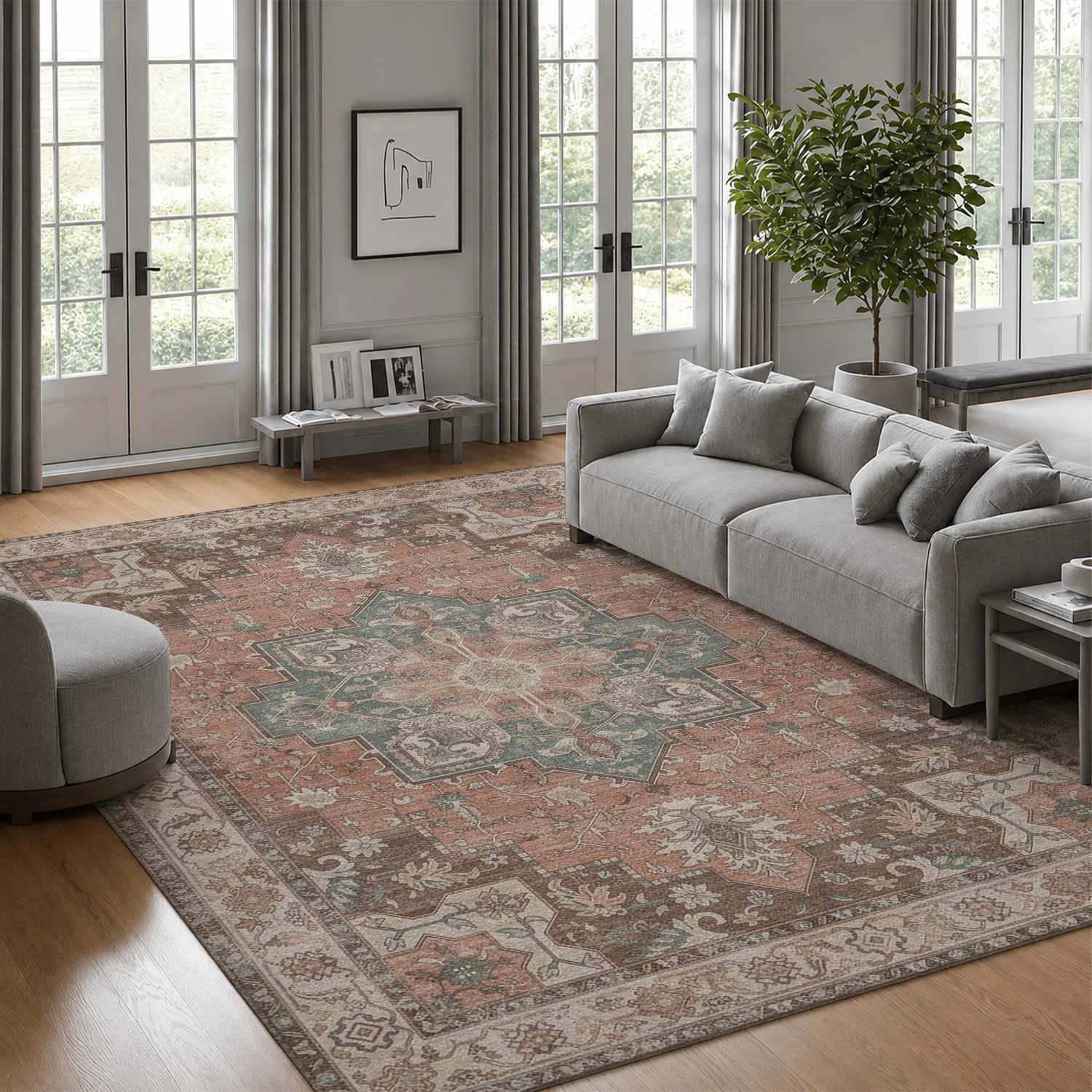 Large Indoor Area Rug, Soft Velvet Low Pile Rug with Non-Slip Dotted Backing, Machine Washable Vintage Persian Medallion Area Rug in Terracotta & Muted Blue for Living Room, Bedroom Home Decor