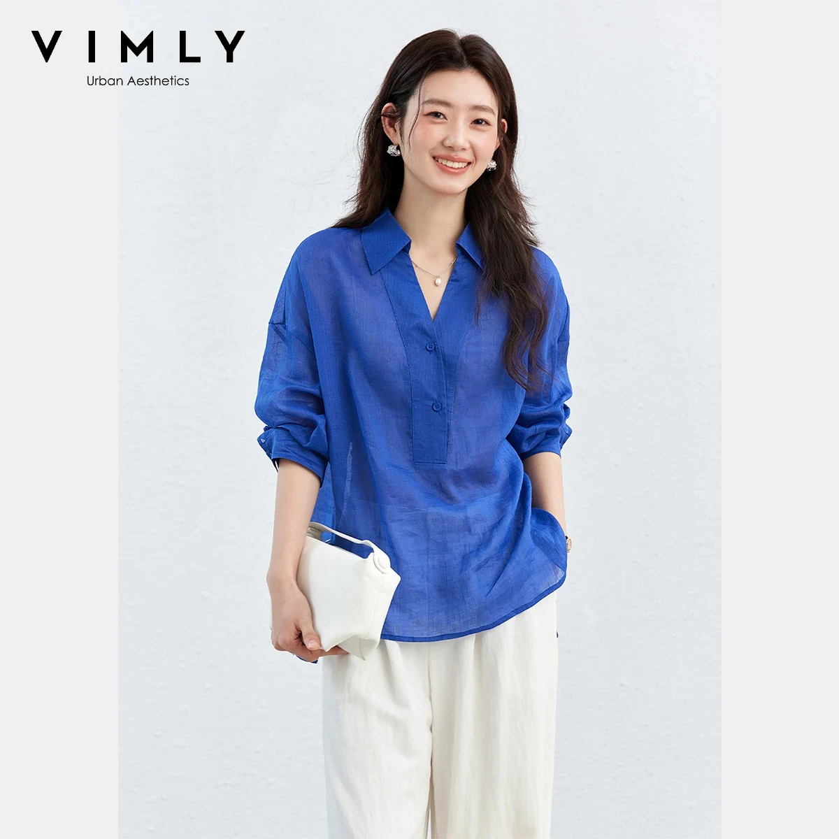 

Женская минималистичная блузка VIMLY из 100% рами, весна 2026, новая модная коллекция, цвет Klein Blue, с отложным воротником, повседневная, с рукавом 3/4, офисная рубашка A5372