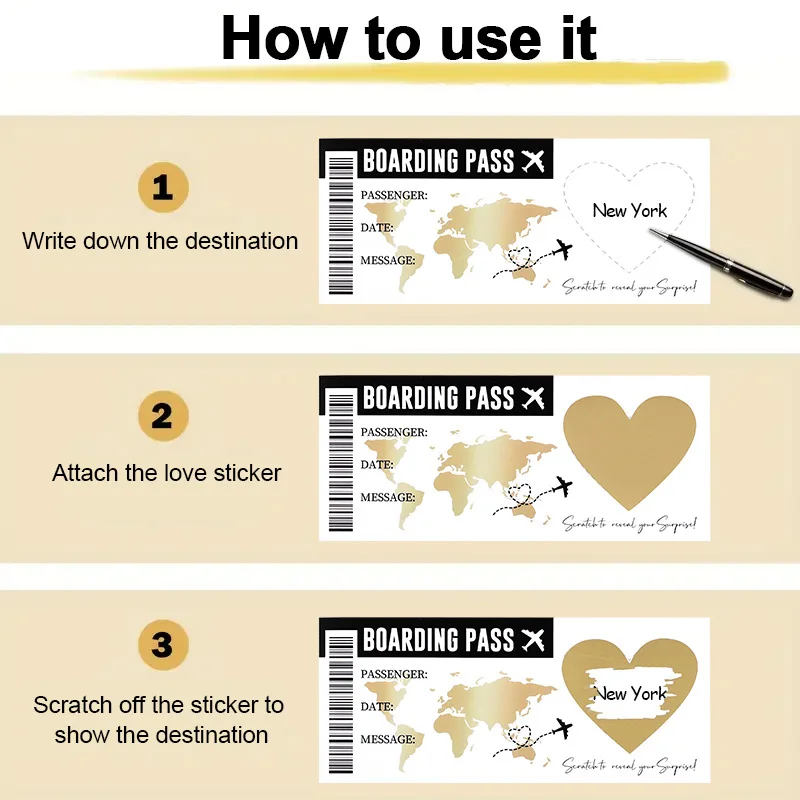 5Sheets Boarding Pass Scratch Off Game Card with Envelope DIY Surprise Gift for Wedding Birthday Party Christmas Travel Tickets view 5
