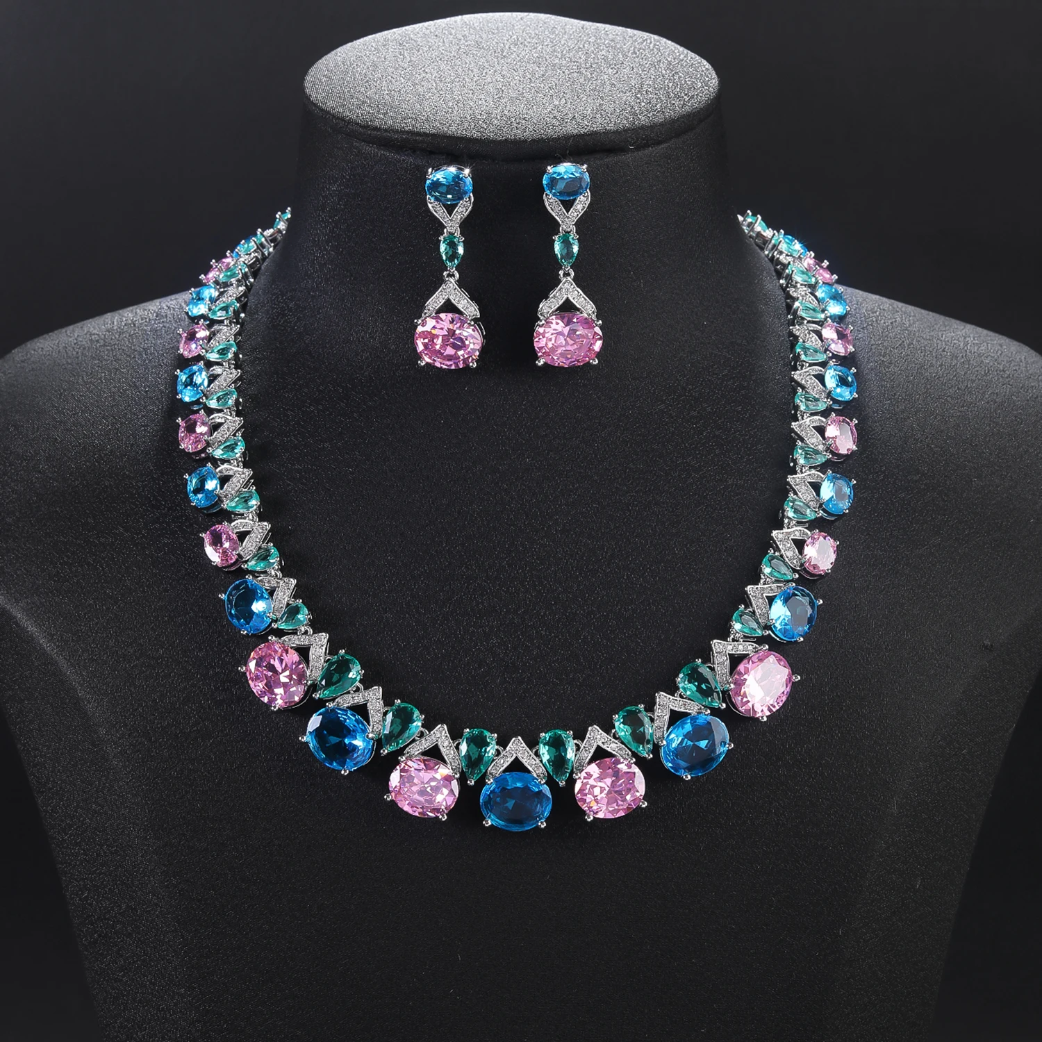 4 Colors Pretty Crystal CZ Zircon Bridal Wedding Necklace Earring Sets Women Party Prom Jewelry Accessories CN11619