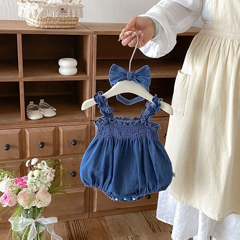 

MILANCEL Summer Baby Bodysuit 3-24M Solid Color Infant Cowboy Jumpsuit +Hairband Thin Toddler Clothes Girls One Piece