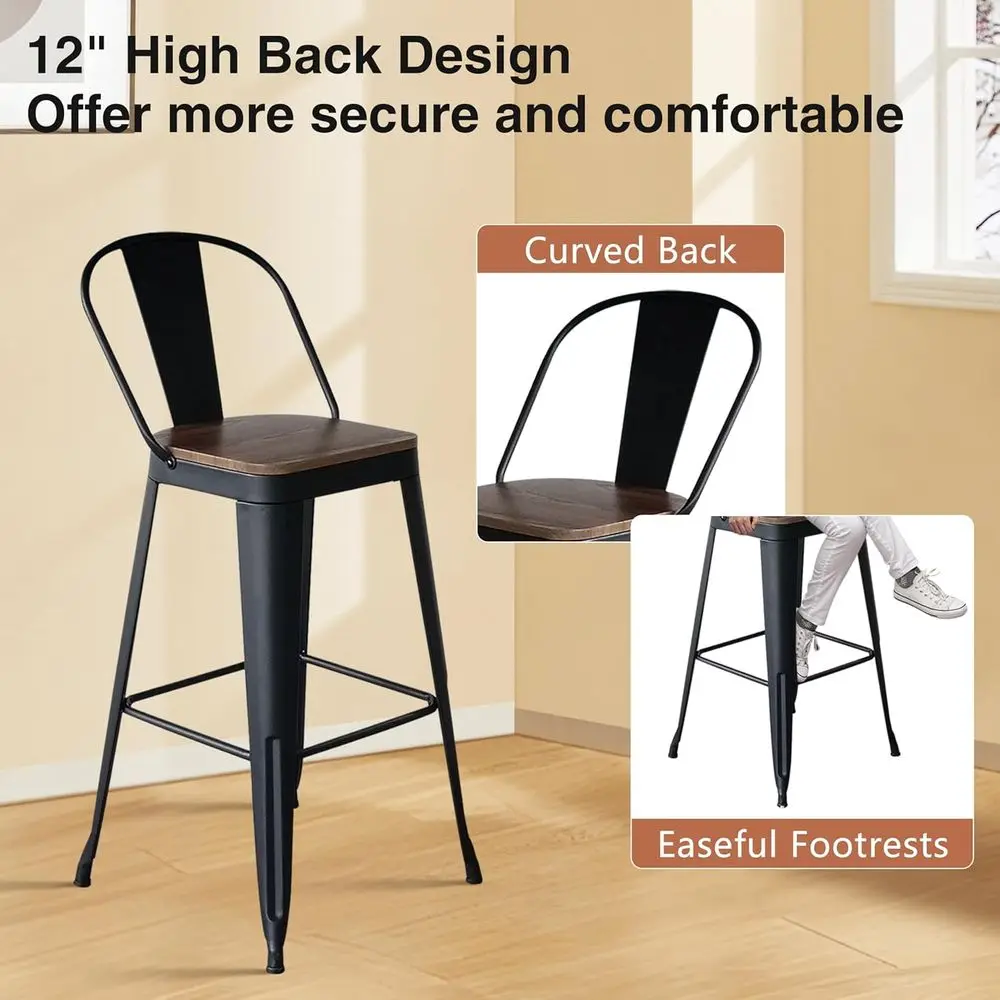 24 Inch Bar Stools Set o 4, Industrial Counter Height Barstools High Back Metal Bar Stools with Large Wood Seat Bar Chairs or Ki - view 6