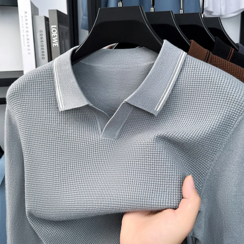 

High End Solid Color Lapel Pullover Knitted Base Shirt Top Casual T