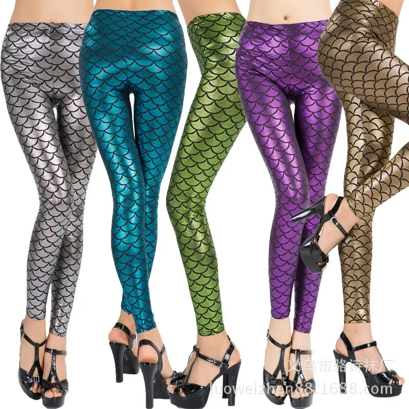 Leggings a squame di pesce a forma di sirena brillante alla moda Pantaloni sexy in similpelle scintillante setosa da donna Pantaloni caldi attillati senza cuciture per pub club