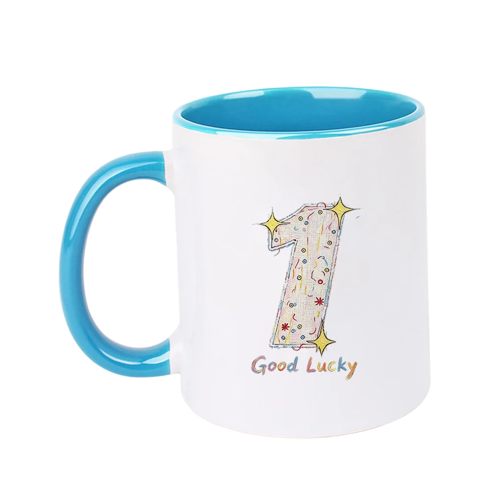11oz Good Lucky Number 1 Printed Ceramic Coffee Mug with Colorful Stars for Birthday Party Home Use Holiday Present Christmas Fa