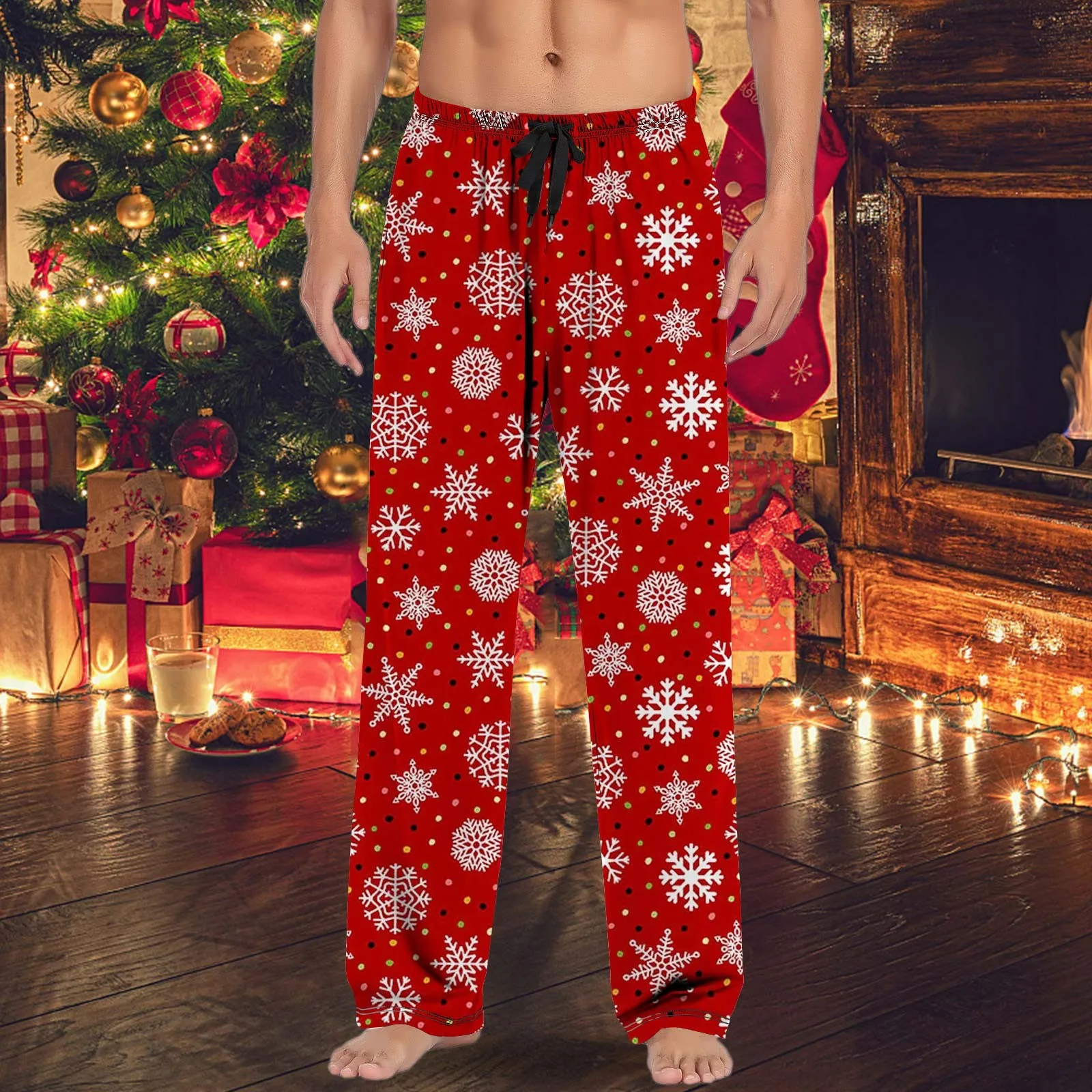 Snowflake Printed Christmas Pajama Pants Mens Casual Pantalones Soft Comfortable Xmas Streetwear Sleepwear Pants Jogging Pants