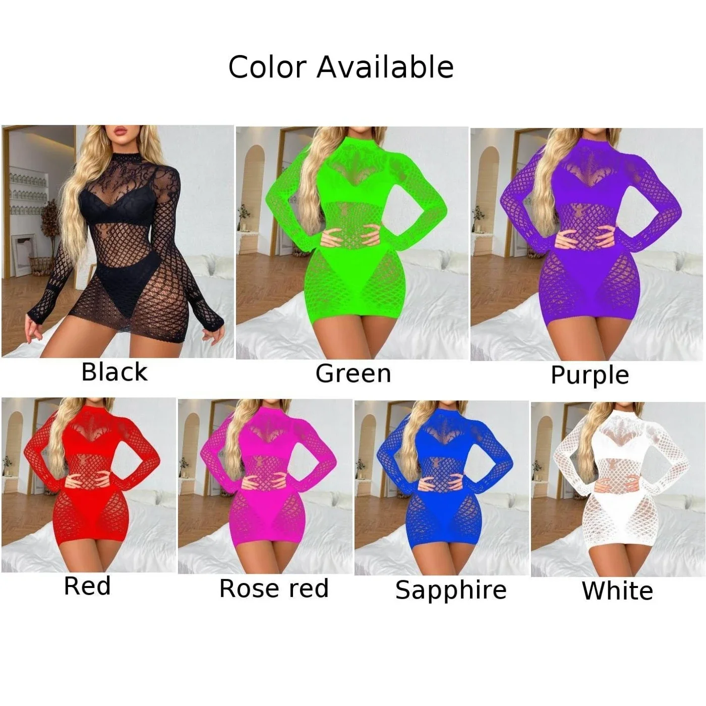 Damska sukienka erotyczna Hollow Out Fishnet Bodycon Dress Mock Neck Long Sleeve Backless Mini Dress Sheer Nightwear Porno Clubwear