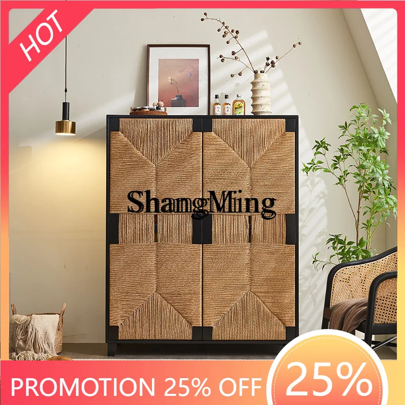 

SM New Rattan Craftsman Vintage Rattan Solid Wood Sideboard Cabinet Zen Style Black Entryway Storage Double Door Cabinet