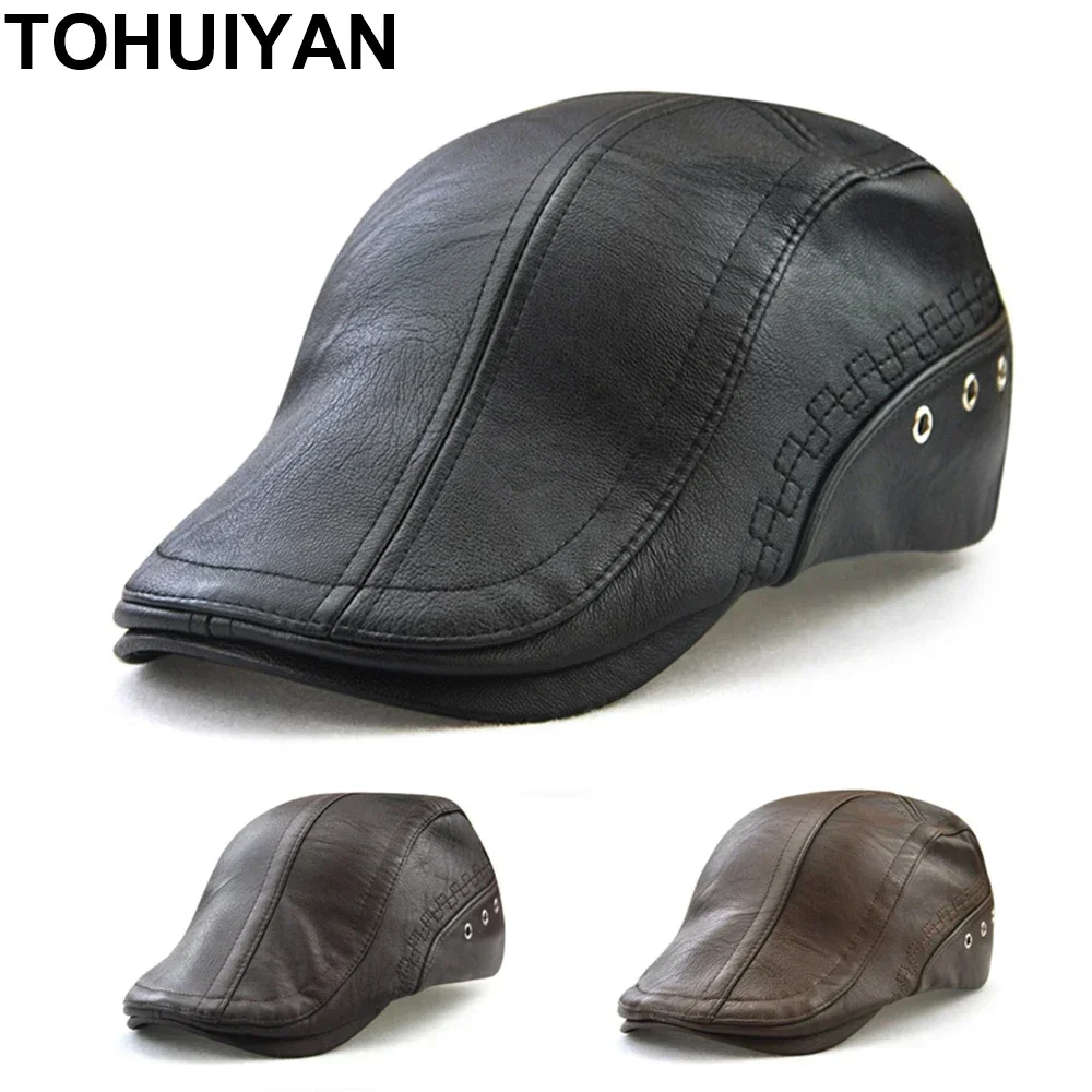 TOHUIYAN Classic Leather Newsboy Cap For Men Casual Boina Cabbie Hat Autumn Winter Warm Flat Caps Fashion Baker Boy Driving Hats