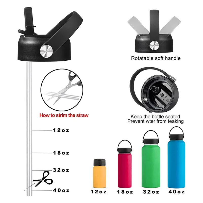 2 Pack Straw Lid for Wide Mouth 12Oz 18Oz 32Oz 40Oz 64Oz,Flexible Handle Replacement Lid Straws