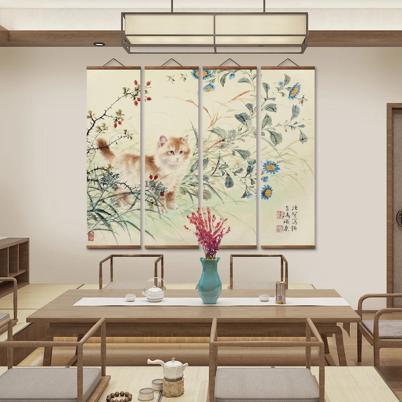 

Настенные художественные постеры MT0921 в китайском стиле с изображением кошки для гостиной, китайские картины из твердой древесины