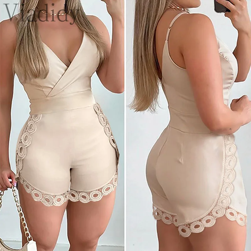 Women Casual Solid Color Spaghetti Strap Deep V Neck Skinny Playsuits