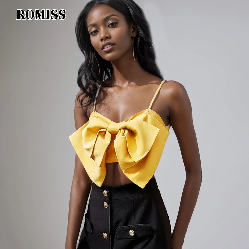 

ROMISS Sexy Spliced Bowknot Vests For Women Square Collar Sleeveless Solid Short Casual Tank Tops Female Fashion Clothing