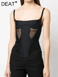 DEAT Sexy Mesh Perspective Patchwork Slim Suspend Women's Black Color Backless Sleeveless Camisole Female 2024 Summer 11XX3997