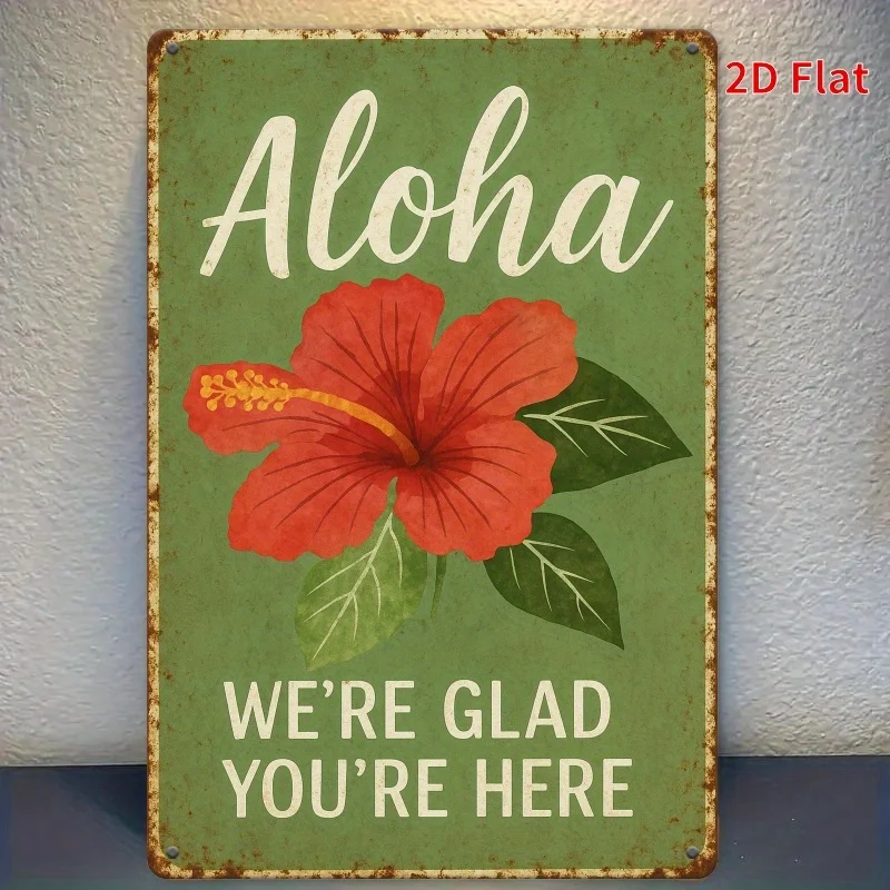 2D Flat Vintage Hawaiian Welcome Metal Wall Decor, Aloha We're Glad You're Here Sign, Tropical Hibiscus Flower Decoration Min