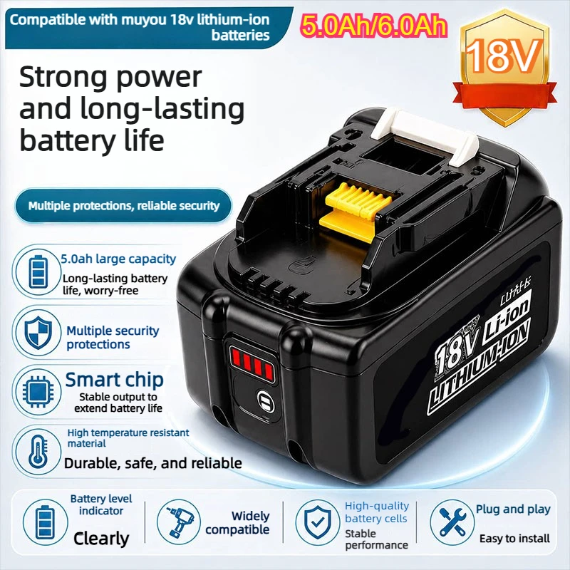 18V 5.0Ah 6.0Ah Li‑ion Replacement Battery For Makita BL1860 BL1850B, Electric Drill Impact Wrench Angle Grinder Multi