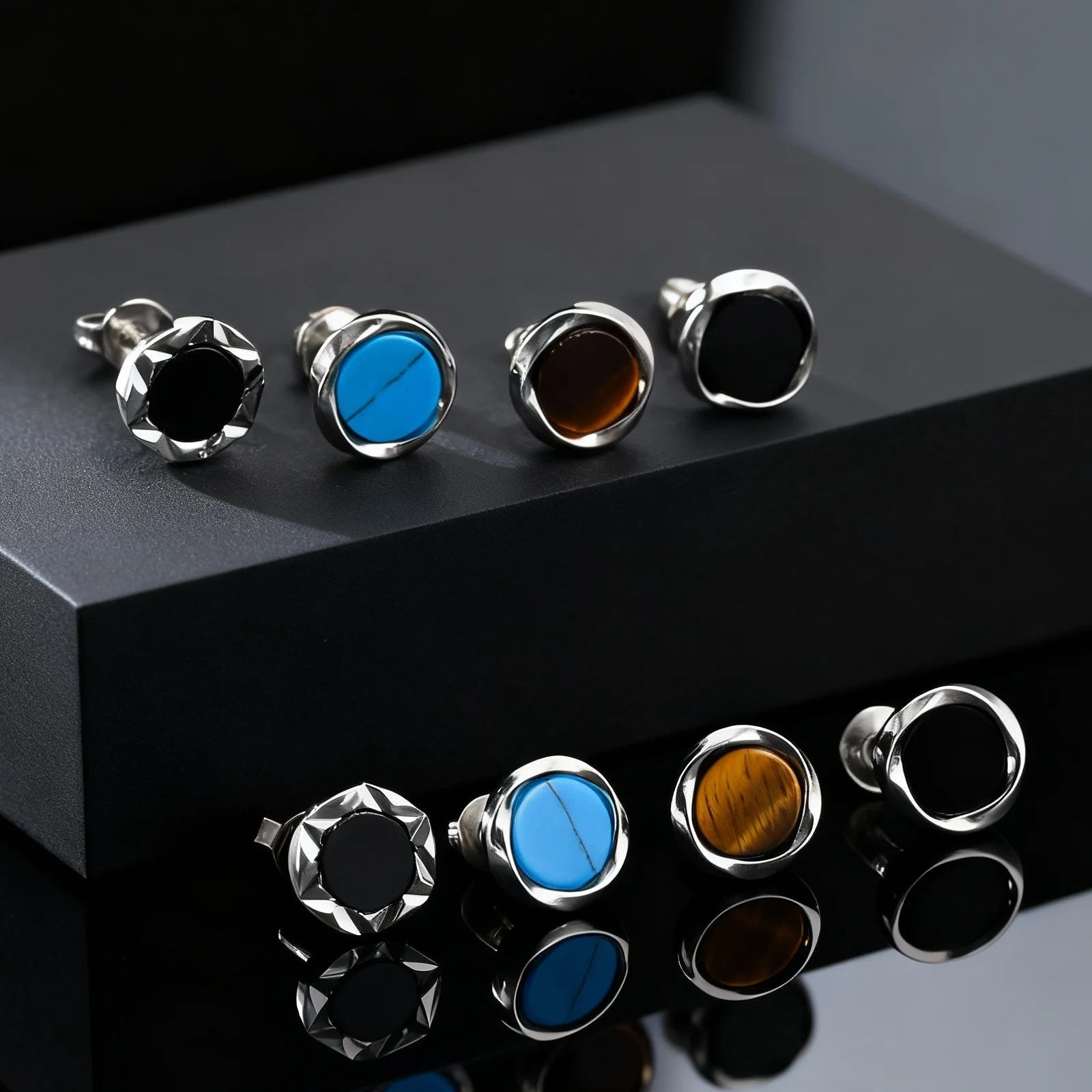 Stylish Geometric Round Stud Earrings for Men Boys, Black Agate Tiger Eye Natural Stone Earrings, Fashion Daily Jewelry Gift