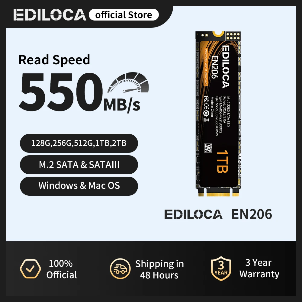 

Ediloca EN206 M.2 SSD SATA III 256 ГБ 512 ГБ 1 ТБ 2 ТБ 3D NAND TLC 6 Гбит/с 550 МБ/с Внутренний твердотельный накопитель для ноутбуков, ПК, настольных ПК