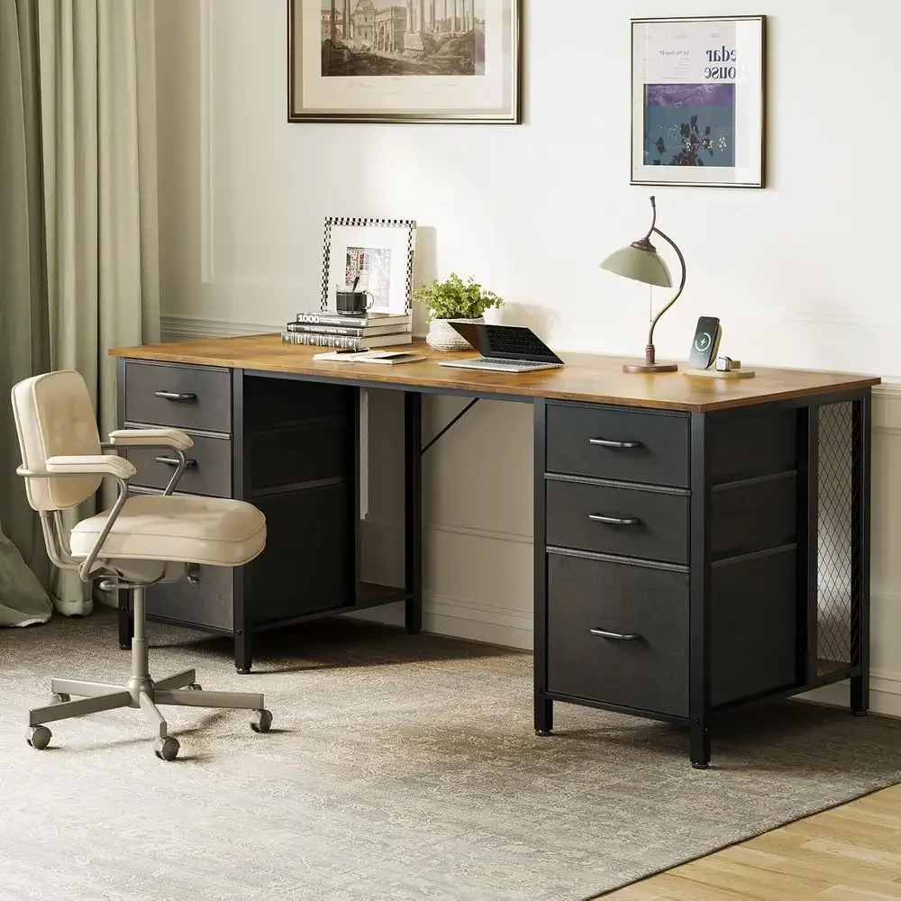 Large 63 Vintage-Style Computer Desk with Storage Cabinet for Home Office, Study, and Gaming