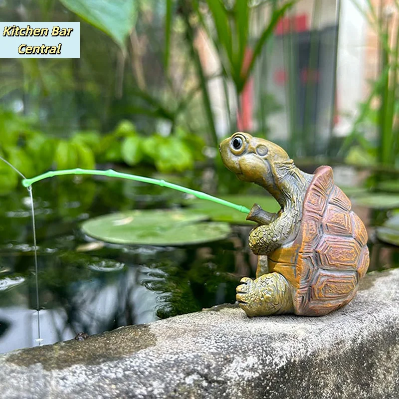【Creative Rope Fishing Turtle Statue Cute Simulation Resin Figurine Animal Sculpture Outdoor Garden Decor Ornament】