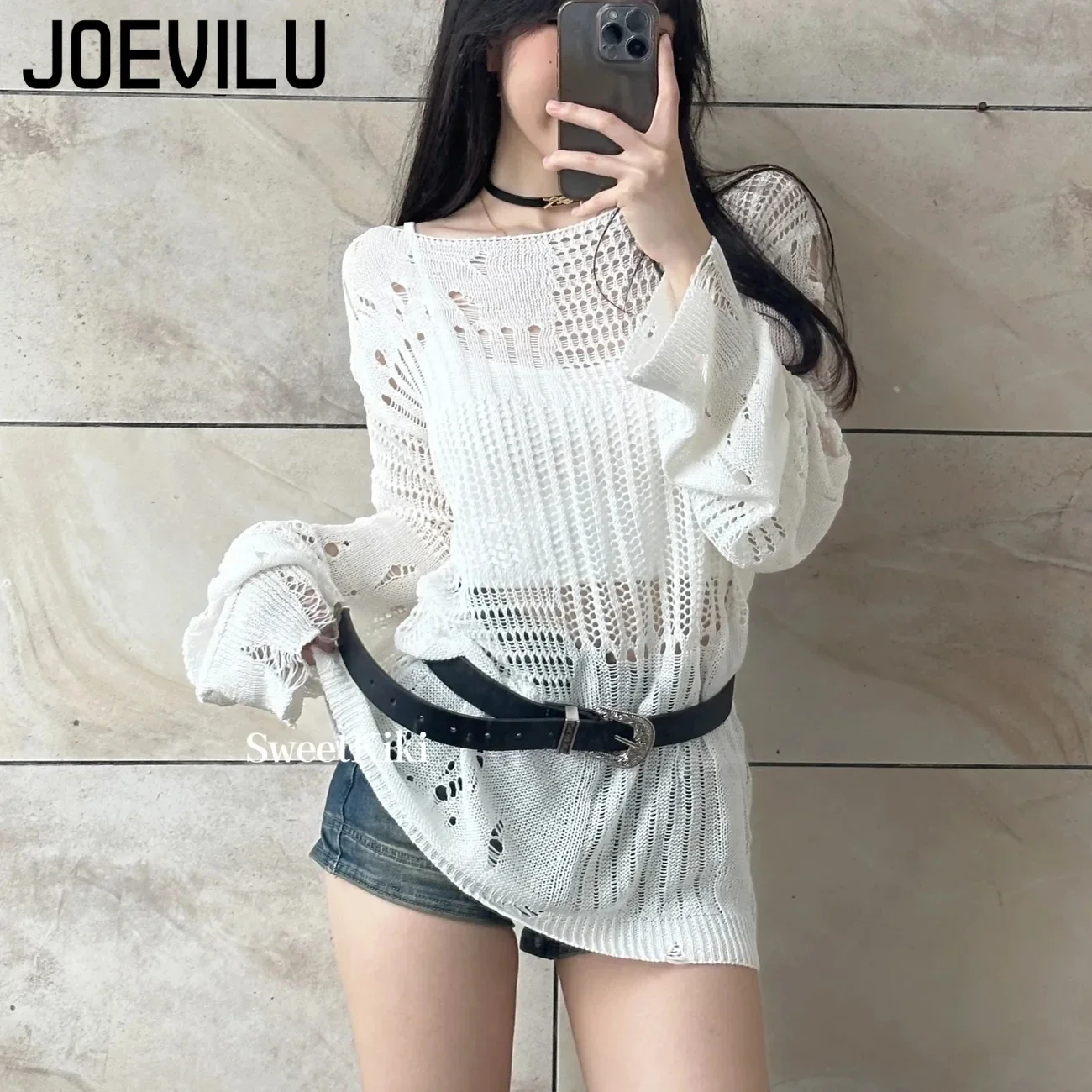 JOEVILU chemisier en tricot creux été coupe ample à manches longues pull mince femmes coréen décontracté hauts noir Vintage Blouses gothiques