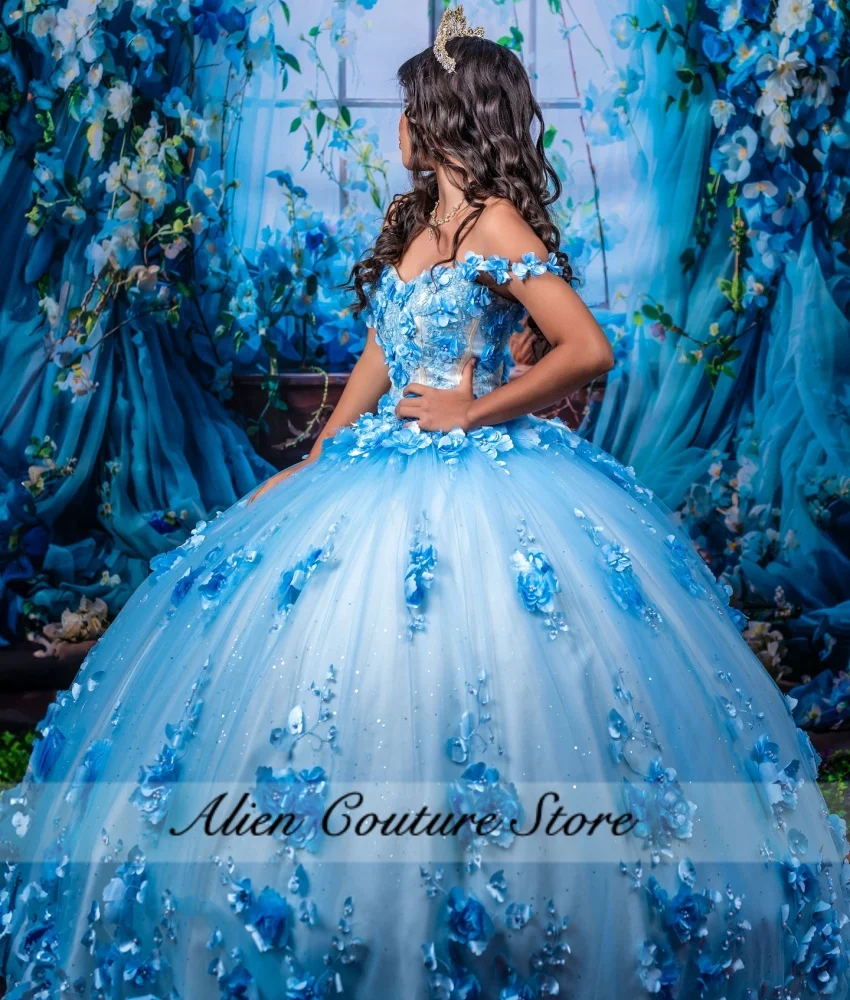 Princesa Azul Quinceanera Vestidos 2024 Talão De Cristal 3D Flor Apliques Doce 16 Vestido De Festa De Aniversário Vestido De Desgaste Formal