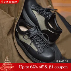 Maden Retro Casual Shoes Thick-Soled Height-Increasing Color-Block Classic Men's Round-Toe Black Lace-Up Leather Shoes for Fall