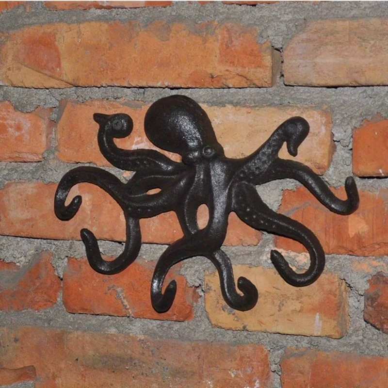 Octopus Key Holder for Wall Cast Iron Hooks Decorative Rustic Towel Wall Mounted Heavy Duty Coat with 6 Tentacles for Keys