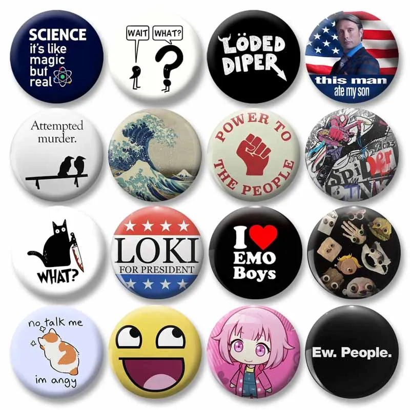 موجة كبيرة قبالة كاناغاوا زر دبابيس مضحك أنا أحب ايمو بنين شارة بروش مستديرة DIY بها بنفسك ظهره الملابس والاكسسوارات مجوهرات هدايا