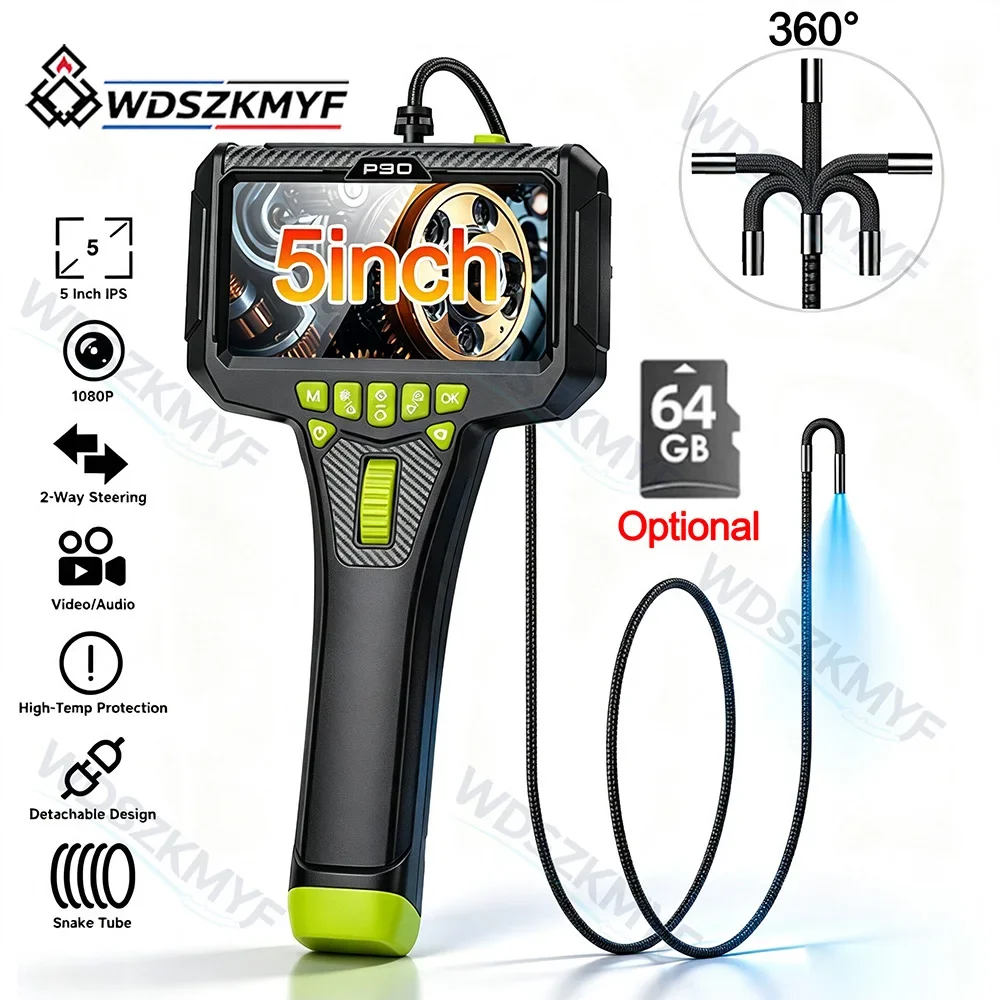 360° Steering Industrial Endoscope Camera 6mm 5"IPS Screen Single Lens Waterproof Inspection Borescope For Car/Pipe/Repair