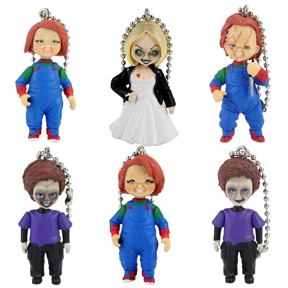 4-5.5ซม.5Pcs 6ชิ้น/เซ็ตภาพยนตร์สยองขวัญเด็ก Chucky พวงกุญแจเจ้าสาวของ Chucky จี้ของเล่น PVC ตุ๊กตาตุ๊กตาของขวัญเด็ก
