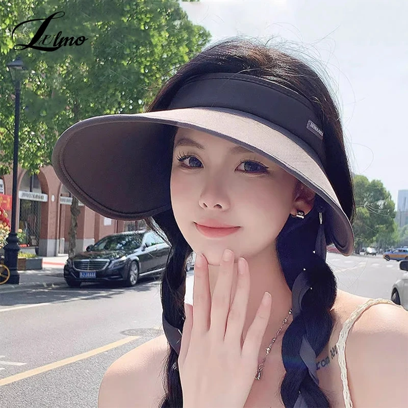 Women Summer Sun Hat W/Strap Folding Empty Top Visors UPF50+ UV Protection Bonnet Large Brim Travel Beach Ice Silk Sunscreen Hat