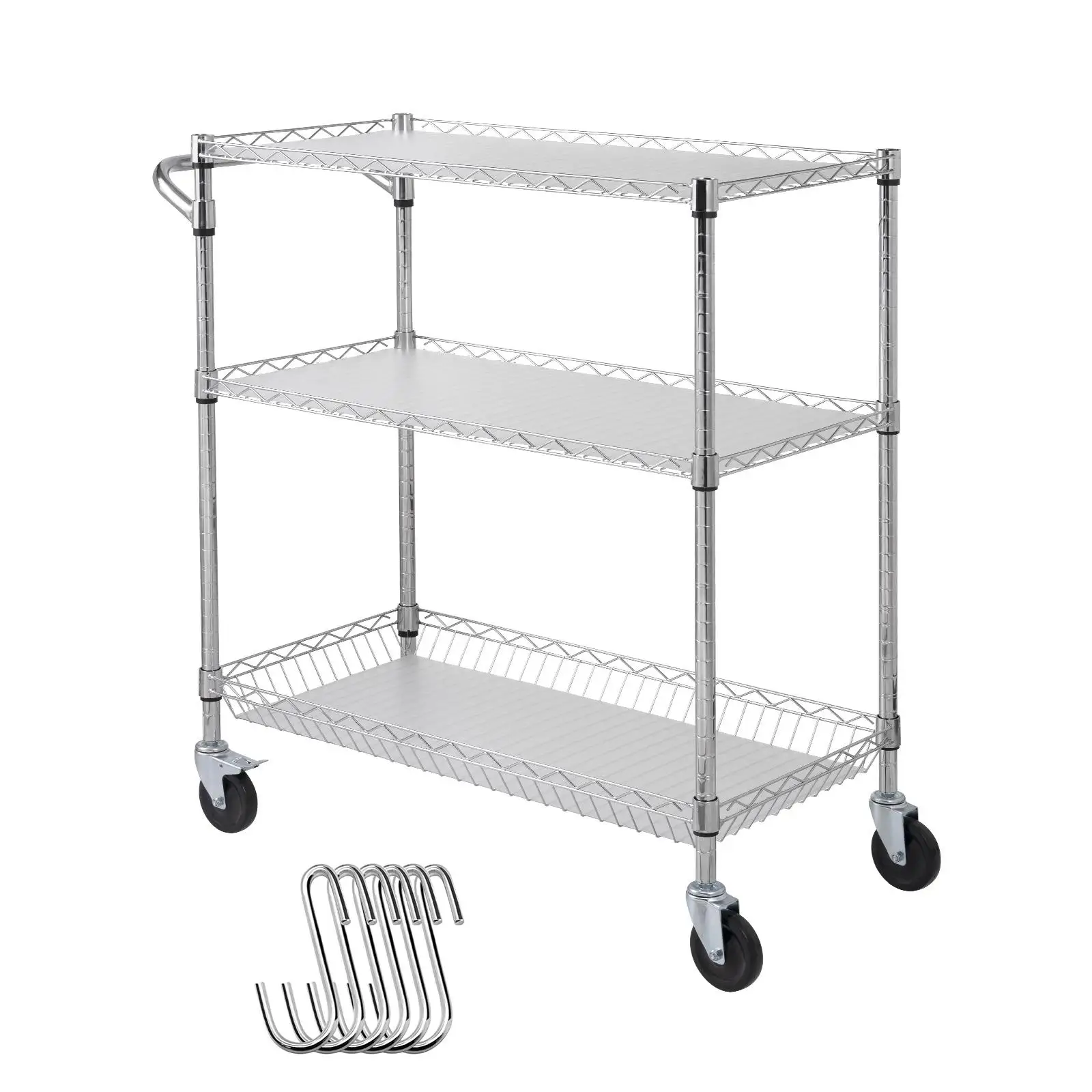 3 Tier Kitchen Utility Cart with Wheels 661LBS Capacity Steel Rolling Storage Trolley 80mm Wire Baskets Curved Handle PP Liner 6 Hooks for indoor Outdoor Use