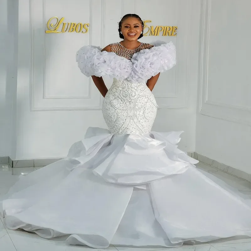 Customized Sheer Neck Sparkly Beads Crystals Luxury Wedding Dress  Robe De Mariée Plus Size Handmade Flowers   Bridal Gown
