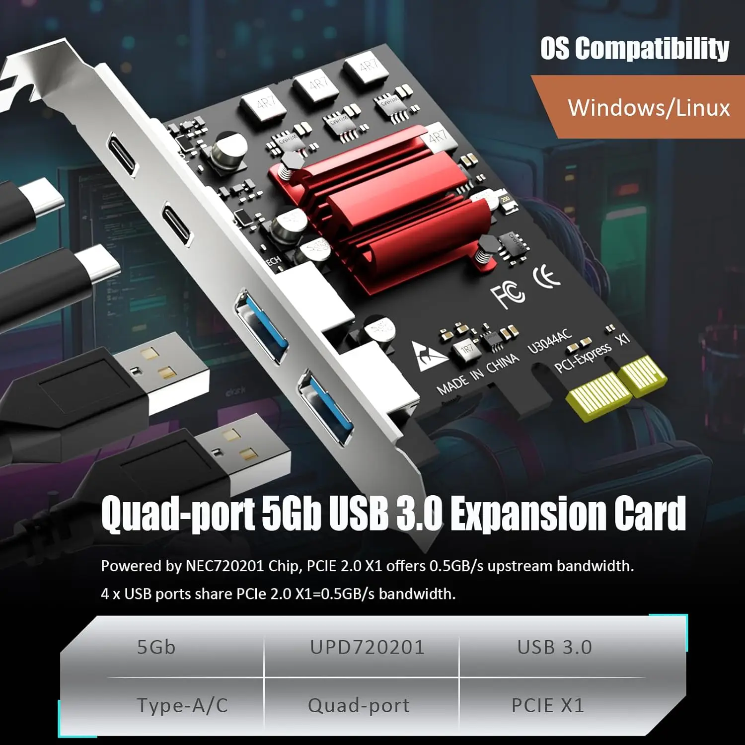 アップグレードされたPCIE拡張カード PCIE - 2ポートUSB3.2 Gen1 Type-C + 2ポートUSB3.2 Gen1 Type-A拡張カードアダプター デスクトップPC用