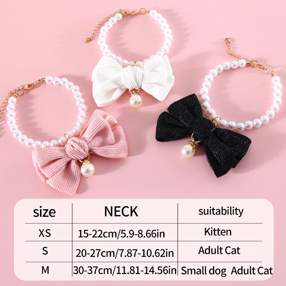 New Pet Pearl Diamond Bow Cat Necklace Princess Style Velvet Necktie Pendant Birthday Dog Collar Pet Accessories