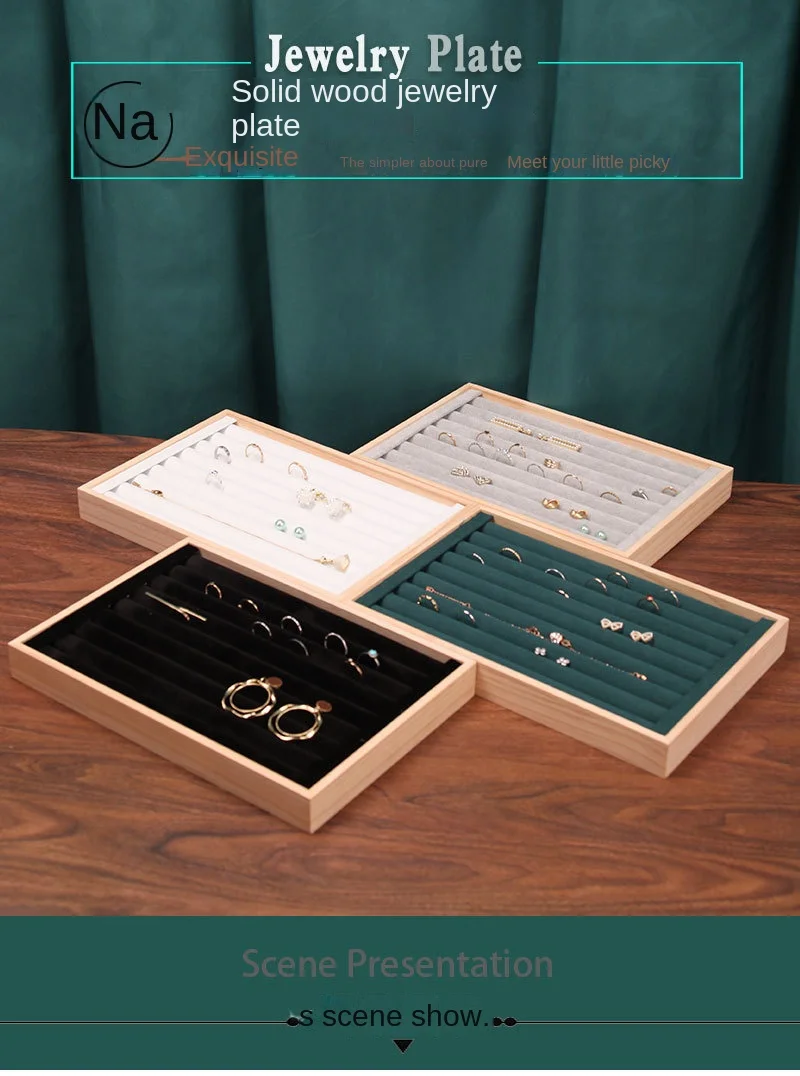 Solid Wood Small Flannel Ring Display Plate, Stud Earrings, Bracelet, Storage and Finishing Box, Ring Jewelry