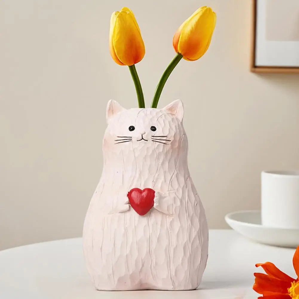 

Cat Flower Vase Resin Love Heart Handmade Cartoon Kitten Floral Plants Holder Container Home Office Centerpiece Desktop Decor