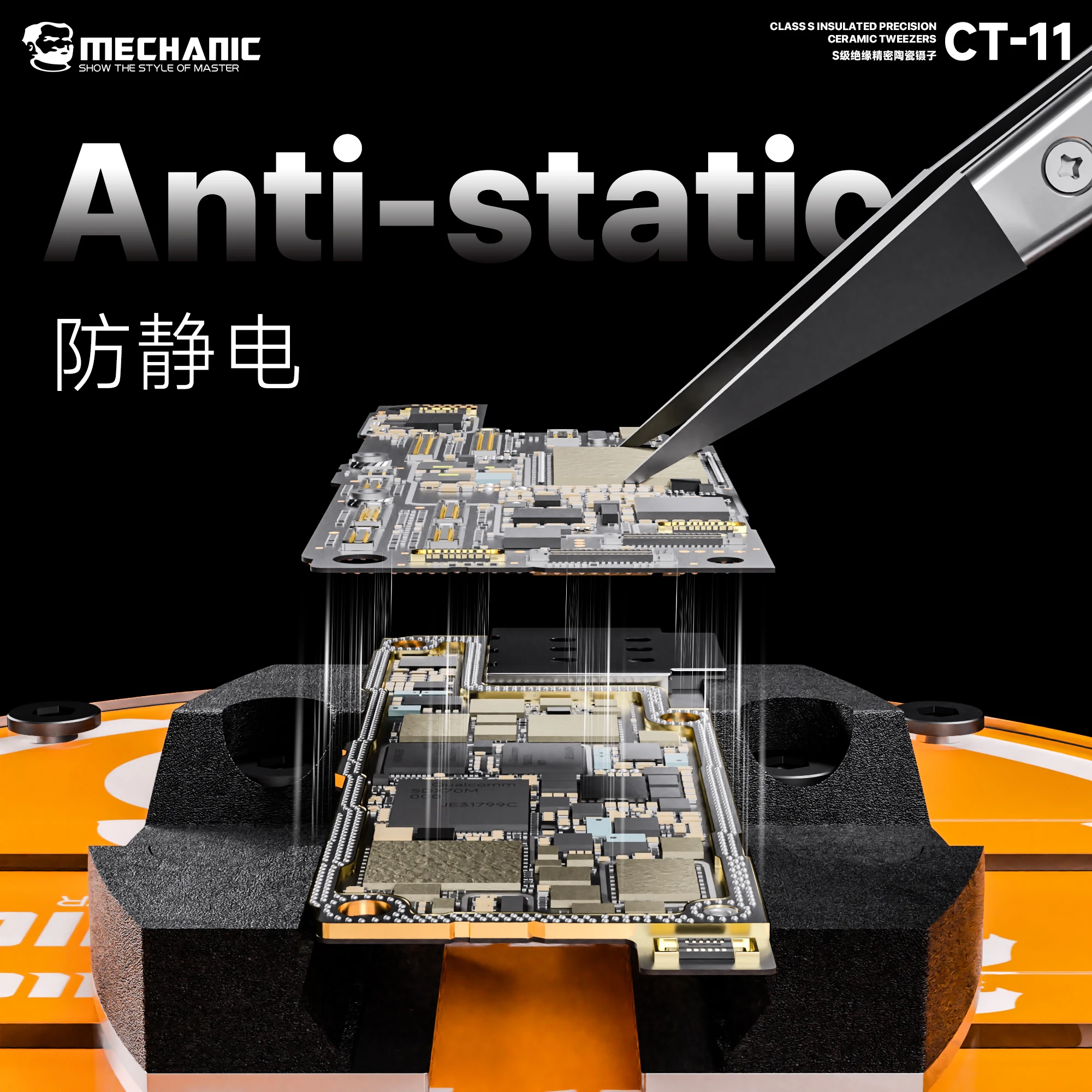 Mechanic CT-11 Präzisionspinzette mit antistatischen, hochtemperaturbeständigen Keramikspitzen für Elektronikreparaturen und Lötarbeiten.