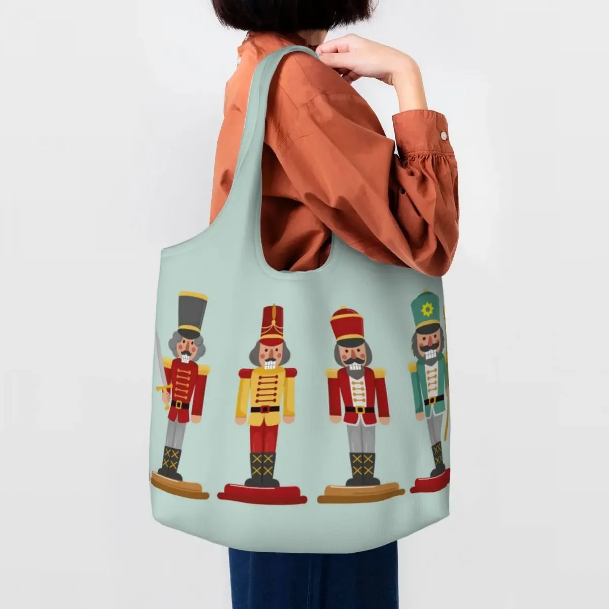 

Cartoon Toy Soldier Christmas Nutcracker Grocery Tote Shopping Bags Women Cute Canvas Shopper Shoulder Bag Big Capacity Handbags