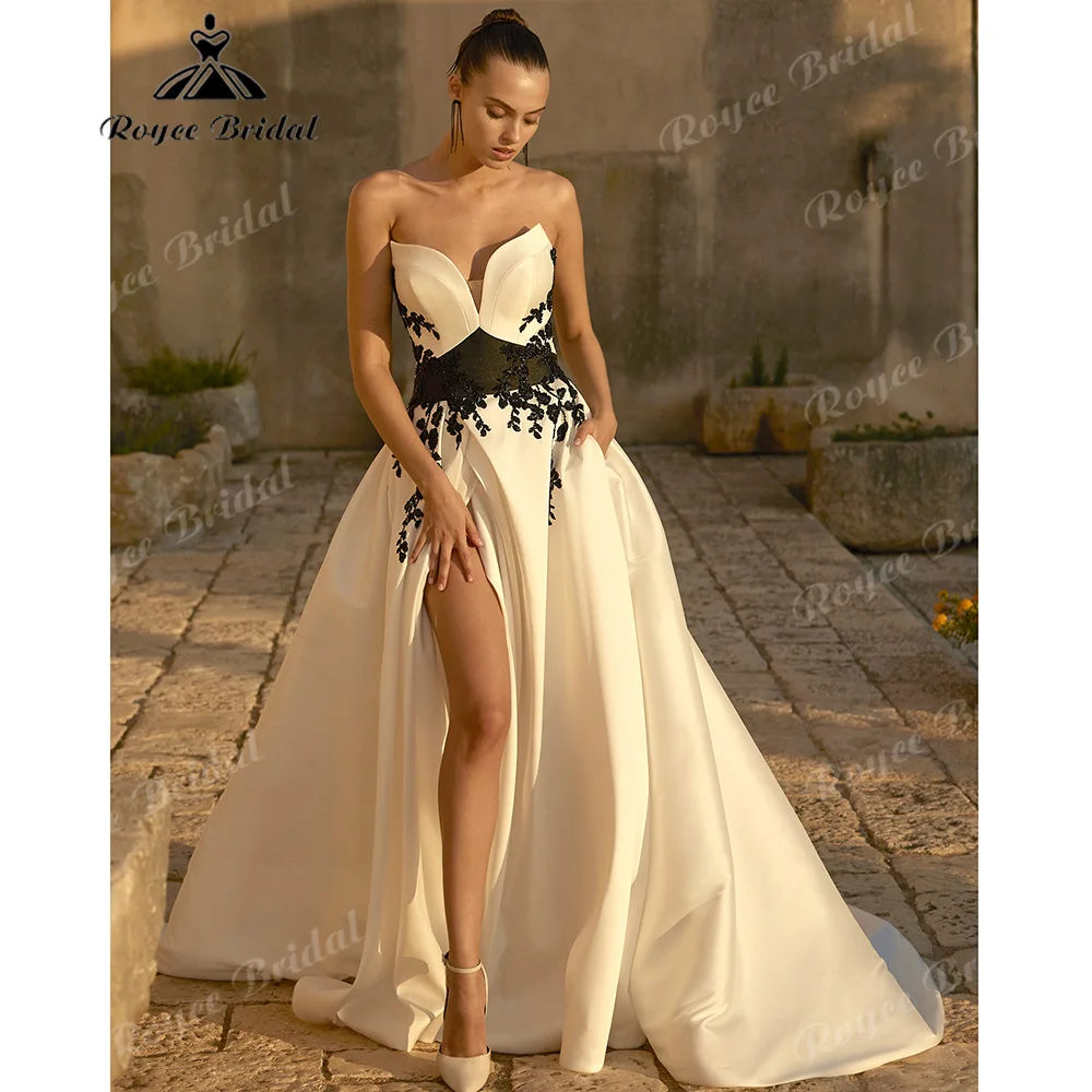 Strapless Sweetheart Ballgown Wedding Dress White Satin With Black Floral Lace Appliques High Slit Hidden Side Pockets Customize