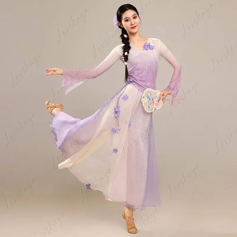 

Классический танцевальный костюм — этичное и струящееся марлевое платье и брюки для практики, комплект одежды для китайского танца