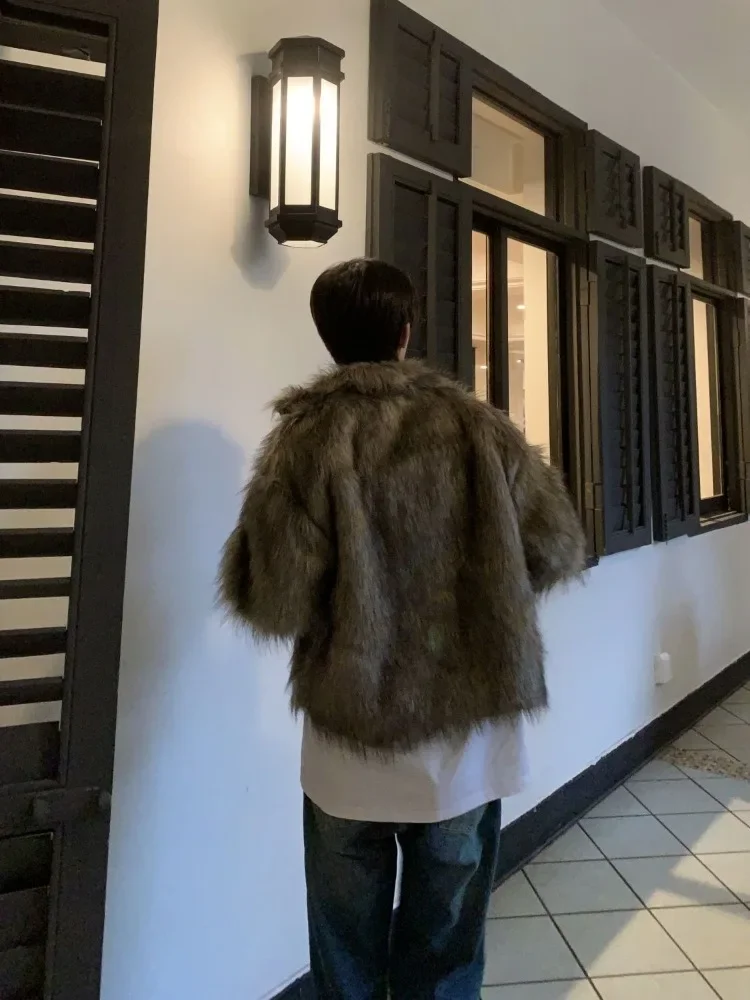 Korean Fashion Short Faux Fur Men\'s Winter Warm Fashionable Temperament Streetwear Jacket Long Hair Thickened Plush Coat New