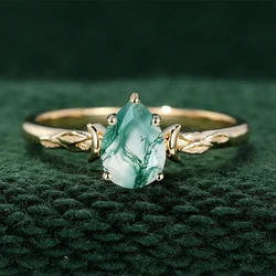 BOROSA Natural Moss Grass Agate Ring Unique 925 Sterling Silver Pear Shaped Green Gemstone For Women Anniversary Gifts Jewelry