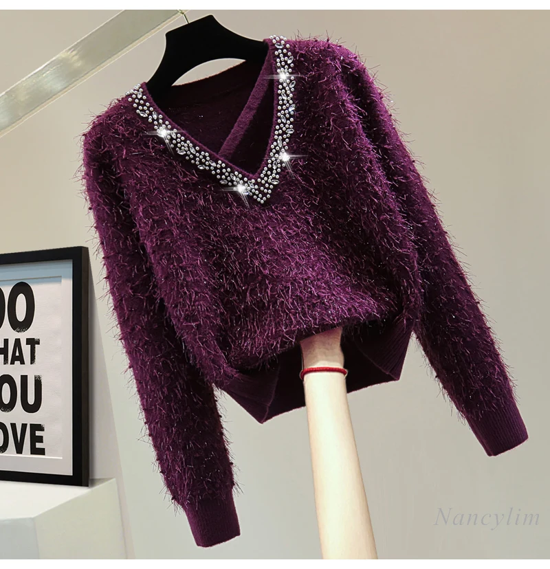 Bead-encrusted Diamond Pullover Knitted Sweater Women 2024 Winter Short Bright Silk Fringed V-neck Purple Sweater