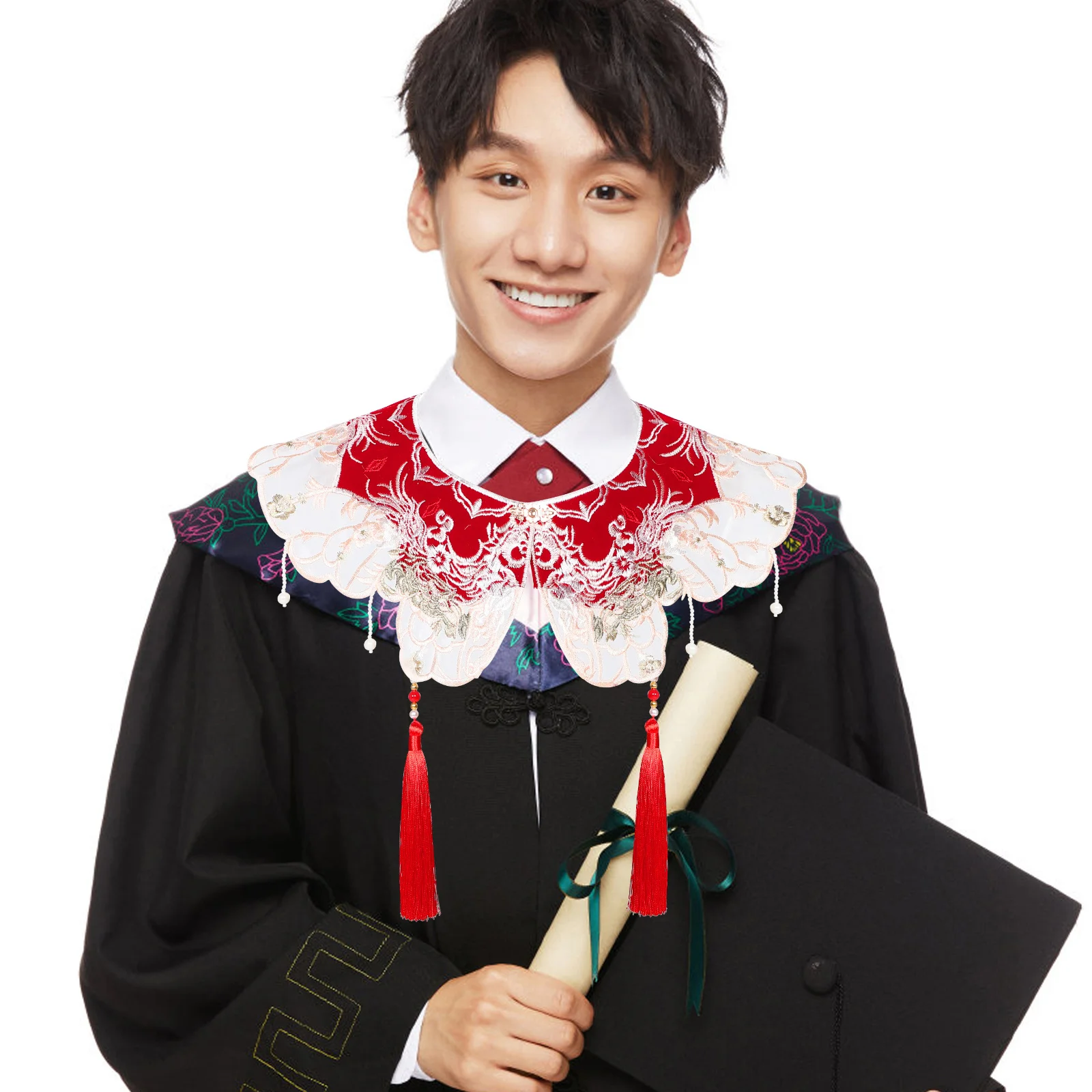 

Embroidered Tassel False Collar Elegant Hanfu Retro Shawl Detachable Blouse Fake Collar for Graduation Party Cultural Events